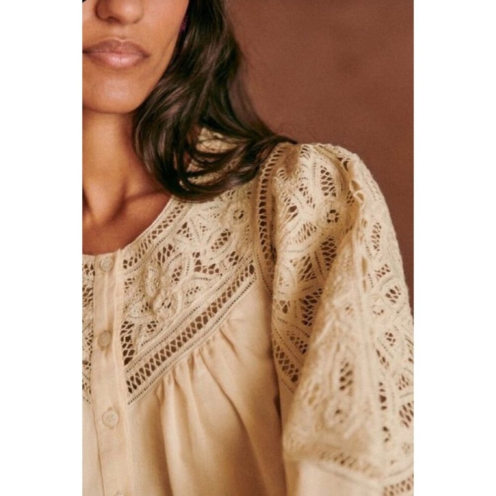 NWT Sézane Donia Blouse Beige Linen/Cotton Blend Lace Long Sleeve T44/UK16/US - Picture 6 of 16